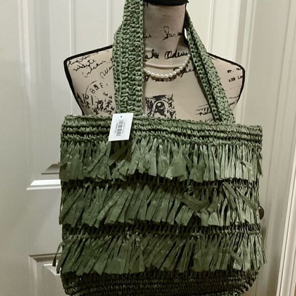 The Last Straw Fringe Straw Tote Bag. In Olive - Picture 2 of 7